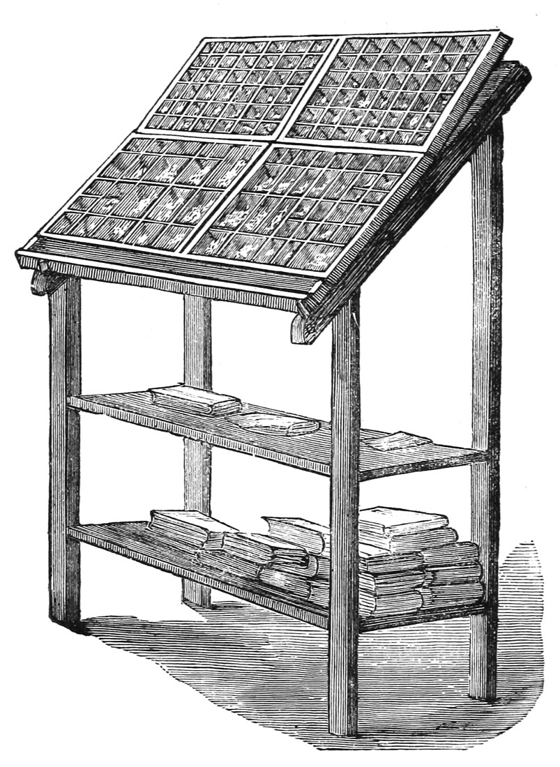 Nineteenth-century engraving of a printer's composing case, its trays divided into a compartment per letter
